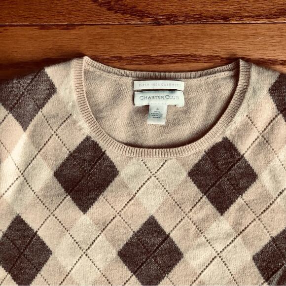 Charter Club RARE 100% Cashmere Argyle Crewneck Brown Tan Sweater Women’s Size S - Picture 2 of 8